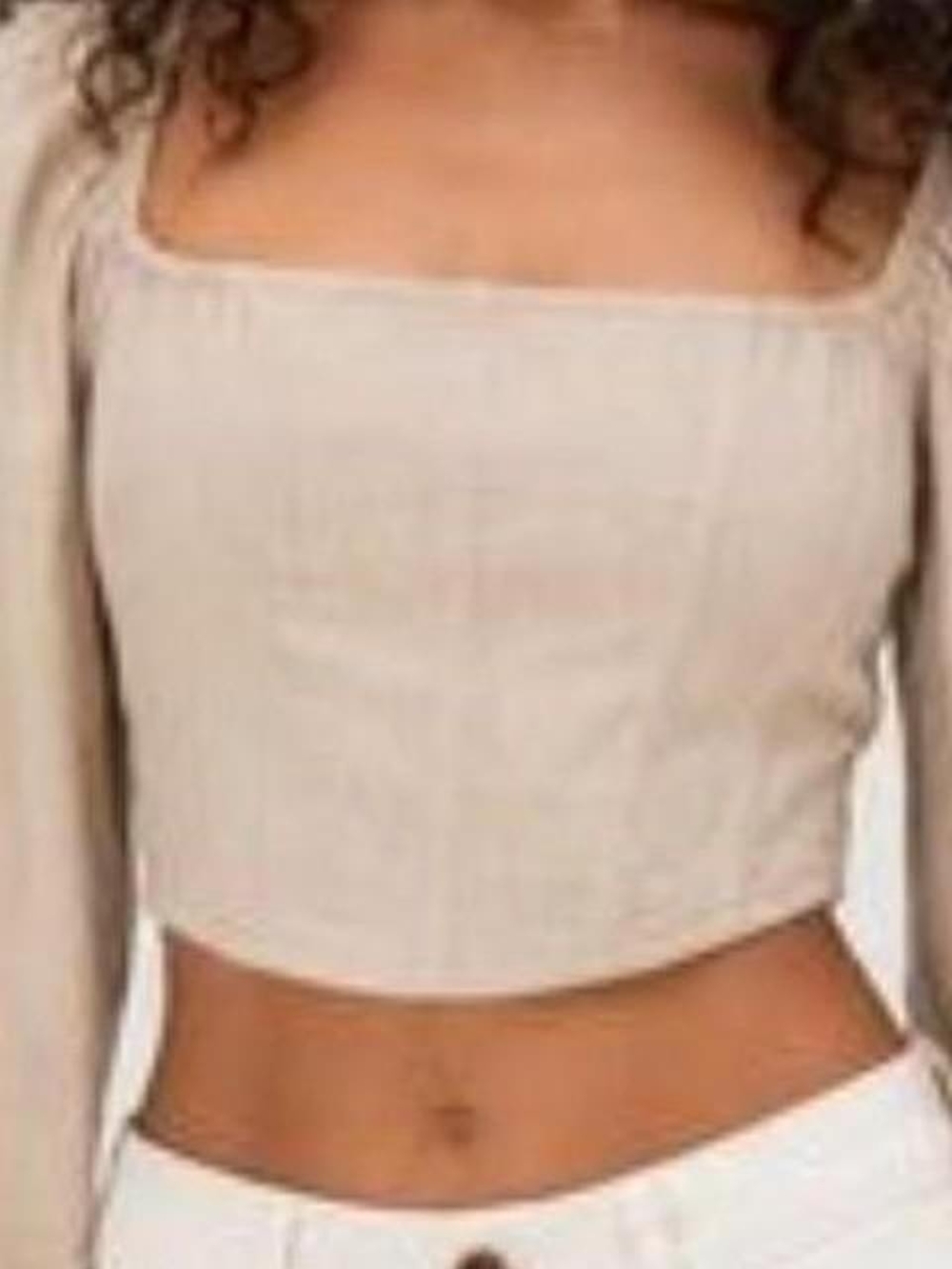Square Neck Long Sleeve Crop Top in Beige